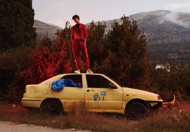 Surreal Taxi and Figure Composition, photographic, organic, vibrant