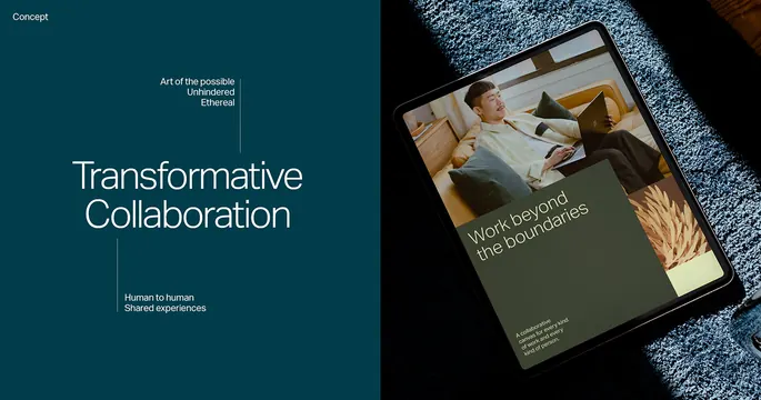 Split editorial layout with teal and magazine mockup, minimal, corporate-clean, dark