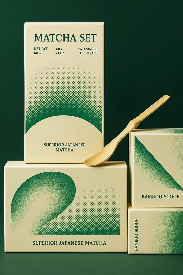 Matcha product packaging with halftone gradient, minimal, organic, light