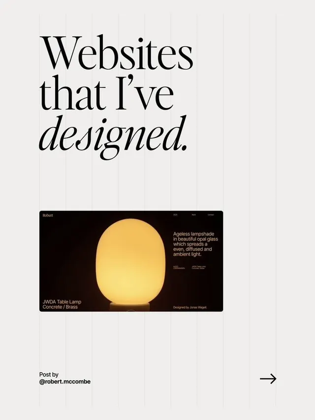 Designer portfolio cover with serif typography and product image, editorial, minimal, light