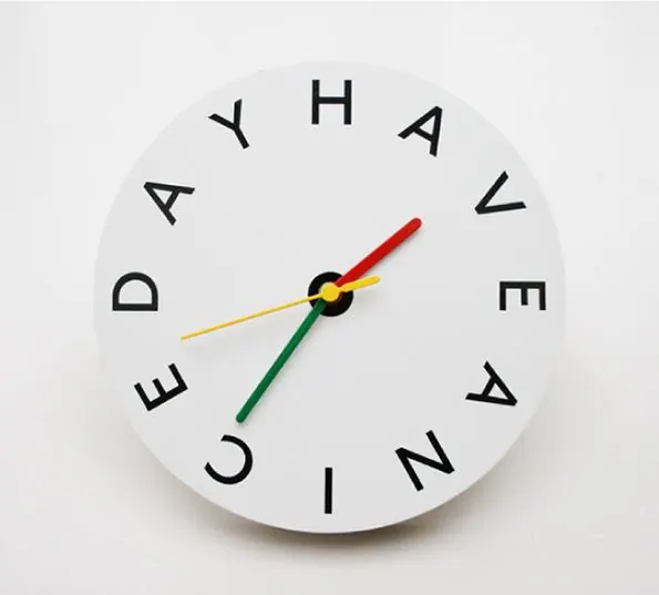 Minimalist clock face with scattered typography, minimal, geometric, light