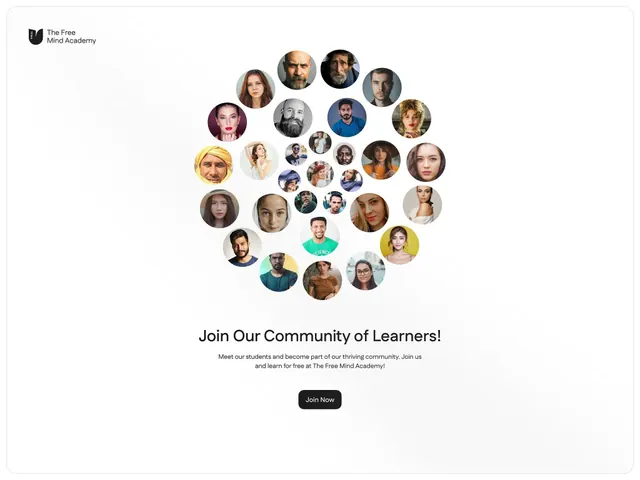 The Free Mind Academy circular team layout, minimal, corporate-clean, light