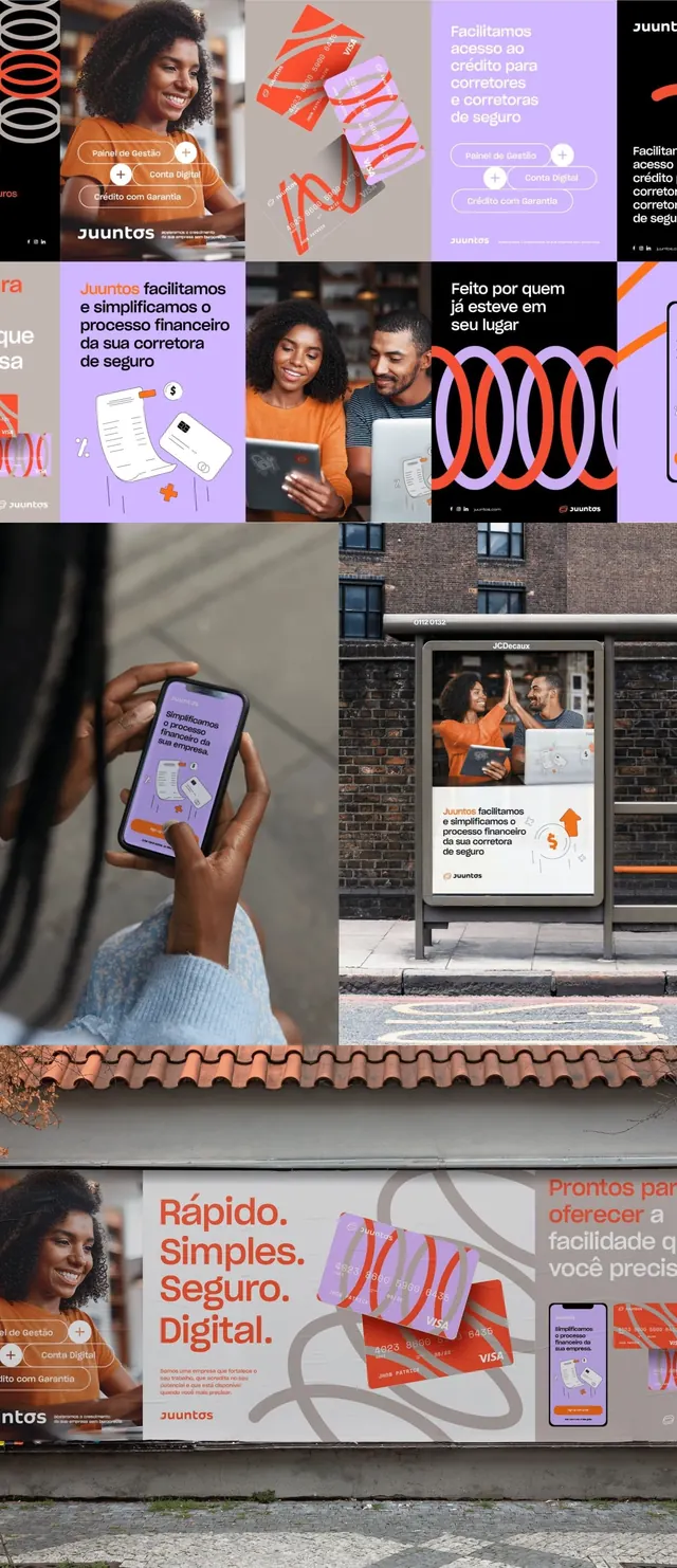 Fintech brand campaign with orange and purple, minimal, corporate-clean, warm