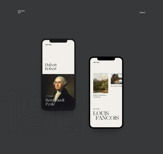 Dark mobile interface for museum collection browsing, minimal, dark-mode, dark