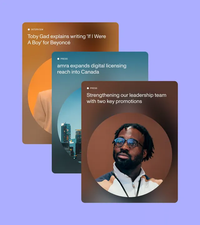 Overlapping news card layout with portrait, boxed, corporate-clean, high-contrast