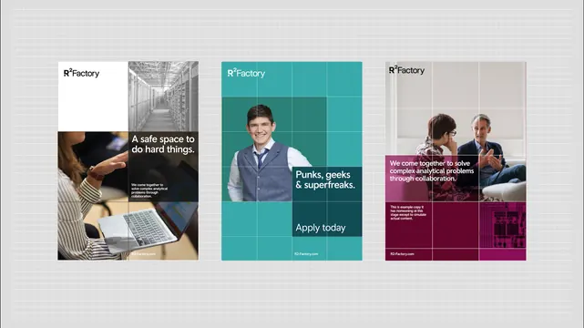Three-panel recruitment campaign grid, minimal, corporate-clean, cool