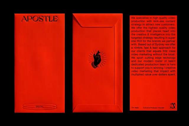 Red triptych brand identity with envelope icon, minimal, corporate-clean, high-contrast