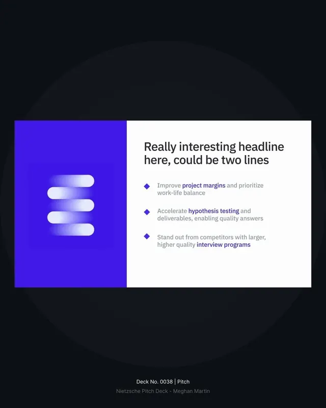 Split-layout pitch slide with abstract icon, minimal, corporate-clean, light