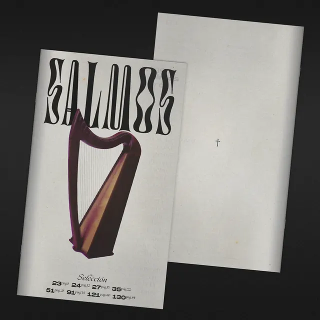 Salmos booklet cover with harp photograph, editorial, typographic, muted