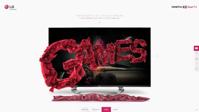 LG Cinema 3D Smart TV site - GAMES section, 3d-render, maximalist, light