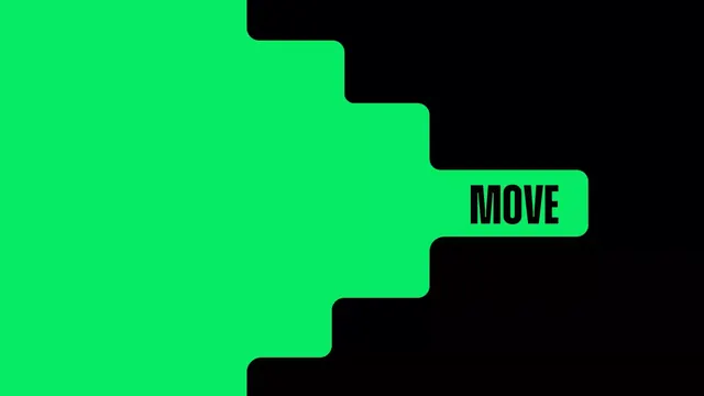 Neon green stepped shape with MOVE callout, minimal, abstract, dark