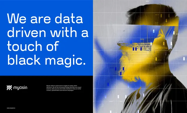 Data-driven brand with bold blue copy and blurred portraiture, abstract, geometric, cool