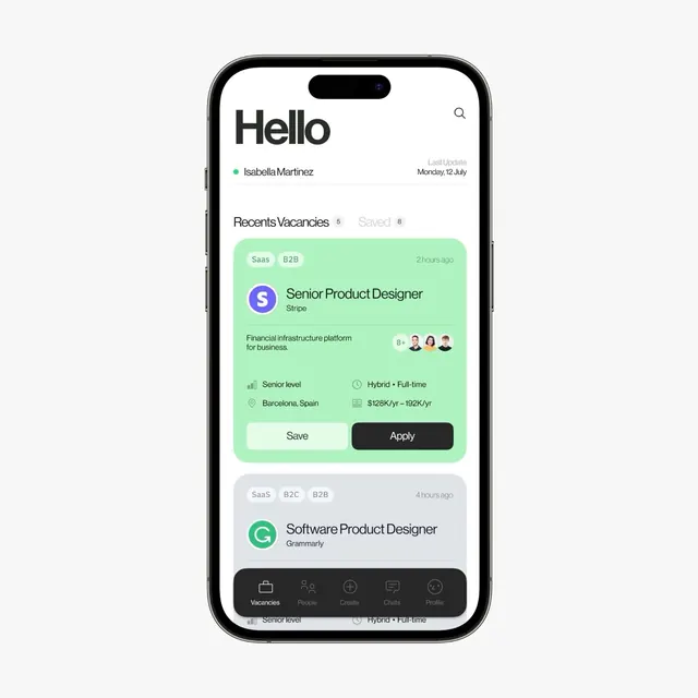 Job recruitment mobile app interface, minimal, flat, light