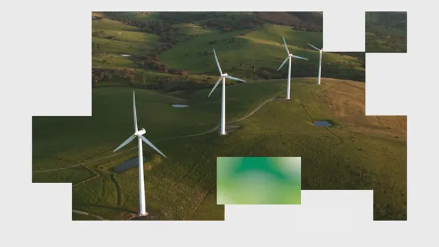 Fragmented landscape with wind turbines collage, photographic, abstract, light