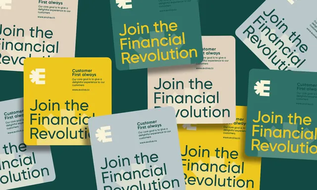Financial Revolution overlapping card campaign, corporate-clean, geometric, vibrant
