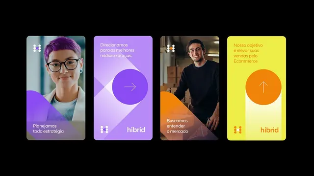 Hybrid brand cards with overlaid color shapes, minimal, geometric, warm