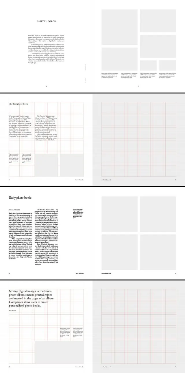 Editorial book layout with typography grid, editorial, minimal, monochrome