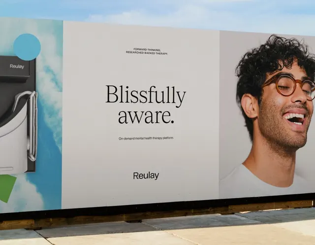 Reulay mental health platform: split layout with gradient and portrait, minimal, corporate-clean, light