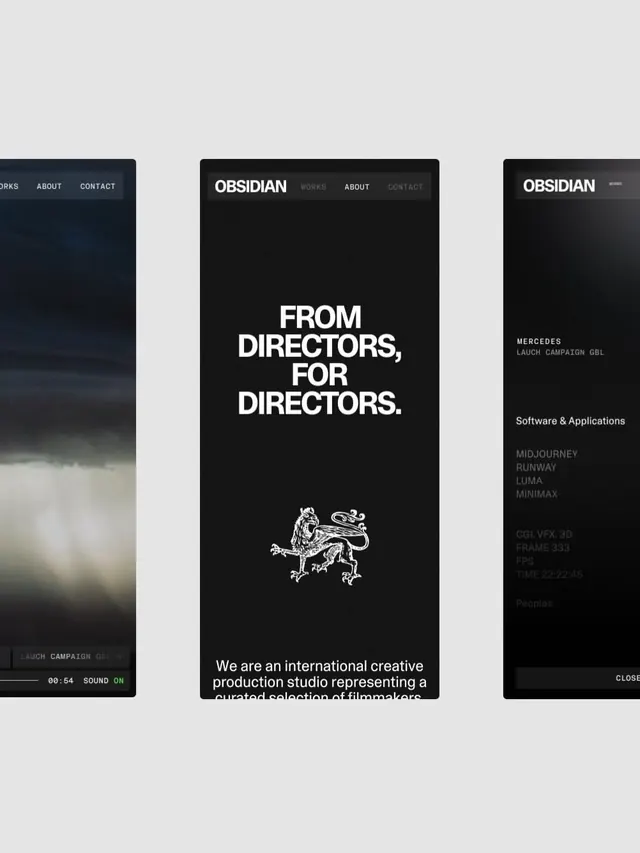 Creative studio website dark hero with dragon emblem, minimal, dark-mode, dark