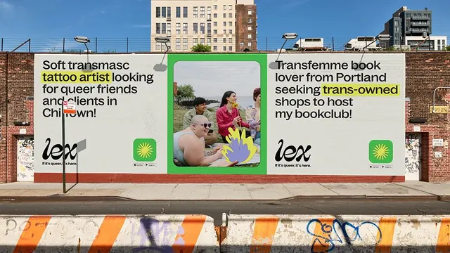 Brick mural with split-panel community announcement, minimal, light