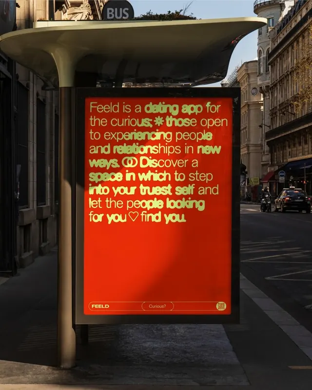 Feeld dating app transit shelter advertisement, minimal, technical, warm