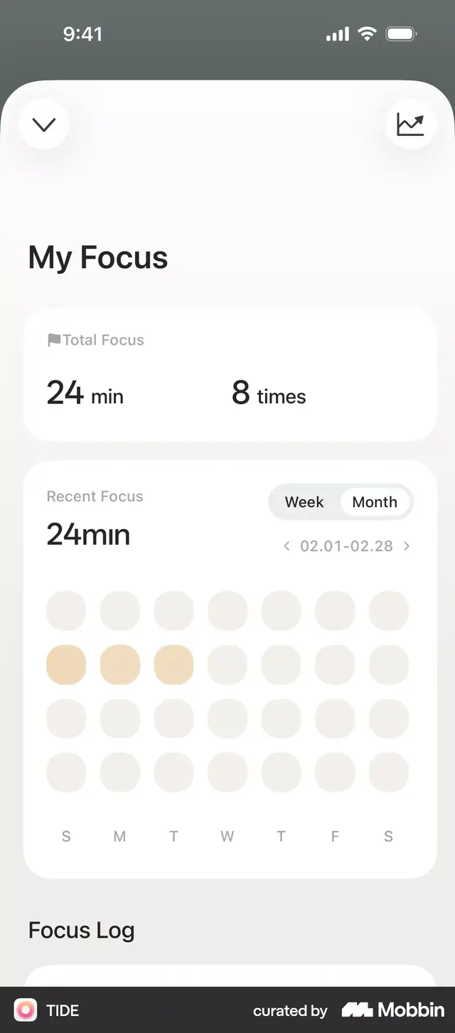 My Focus productivity tracker mobile UI, minimal, flat, light
