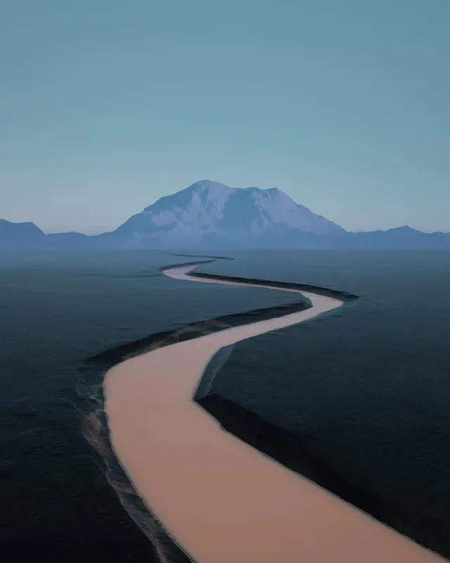 Aerial View of a River in a Volcanic Landscape, minimal, photographic, muted