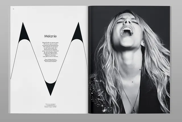 Editorial Layout with Portrait and Wave Graphic, minimal, editorial, monochrome
