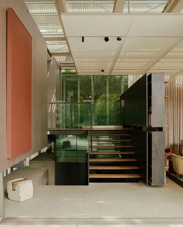 Modern Interior Architecture with Glass and Wood Elements, minimal, geometric, warm