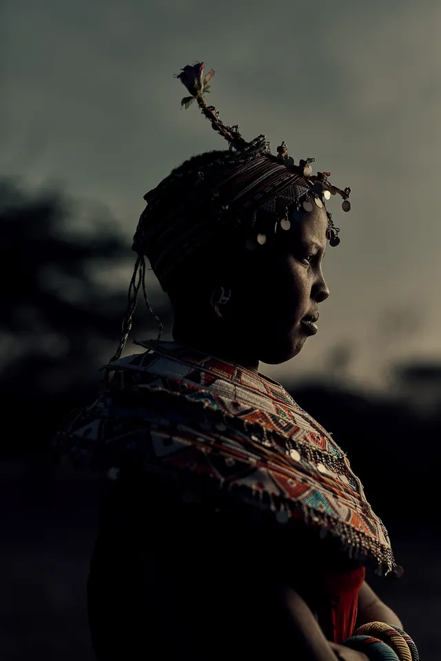 Portrait of a Woman in Traditional Attire, photographic, organic, dark