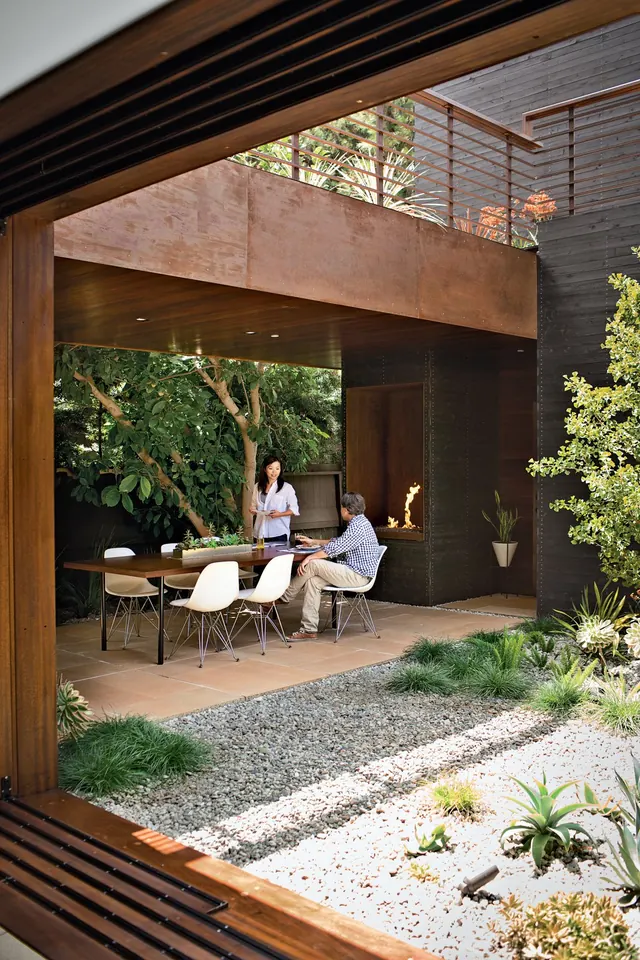 Modern Outdoor Lounge Area, photographic, minimal, earthy