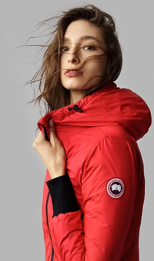 Woman in Red Hooded Jacket, photographic, luxury, vibrant