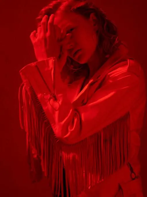 Red Toned Portrait with Fringe, photographic, organic, monochrome