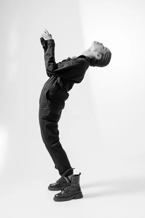 Man in Black Outfit Leaning Back, minimal, monochrome, monochrome