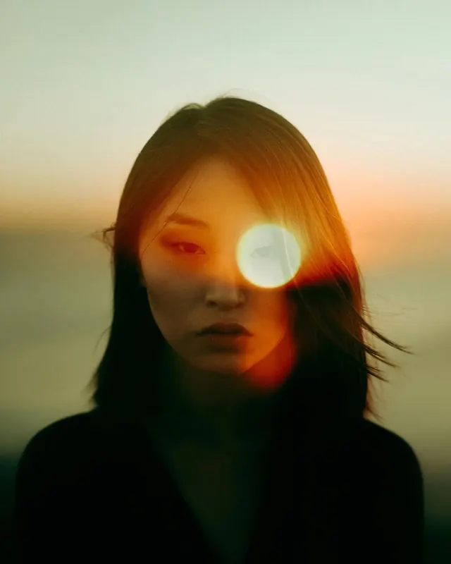 Double Exposure Portrait with Light Leak, photographic, abstract, warm