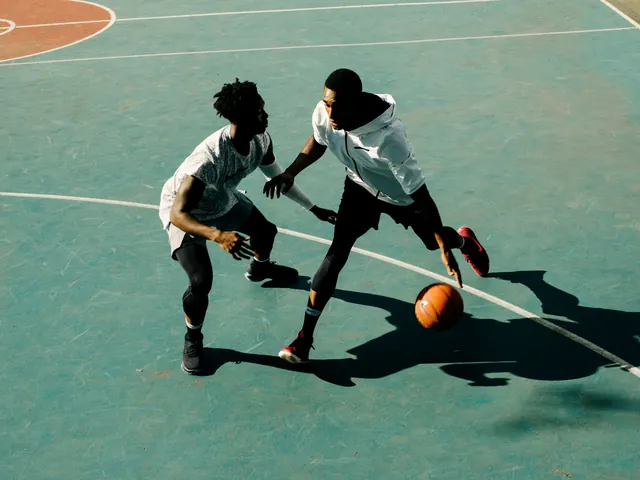 Basketball Players on Court, photographic, vibrant