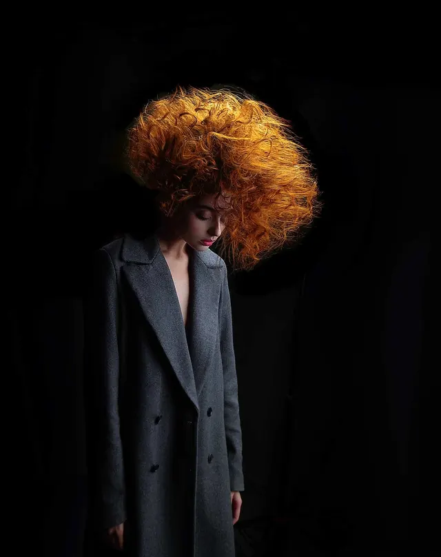 Woman with Voluminous Orange Wig, luxury, photographic, dark