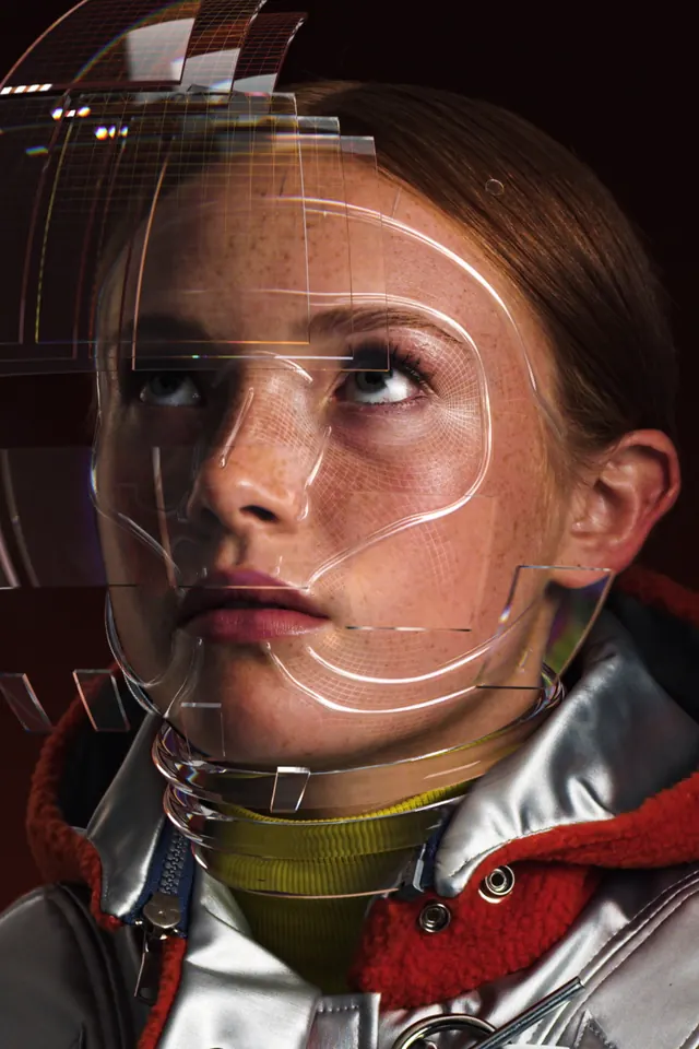 Cybernetic Portrait Collage, glassmorphism, technical, dark