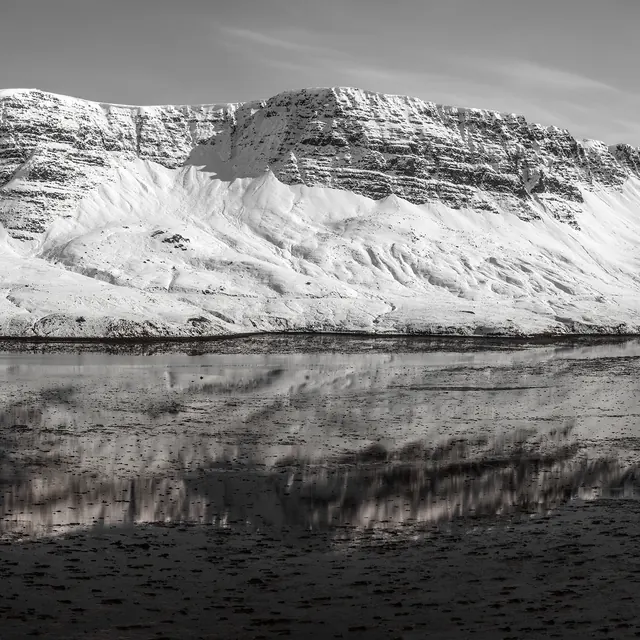 Snowy Mountain Reflection, monochrome, photographic, monochrome