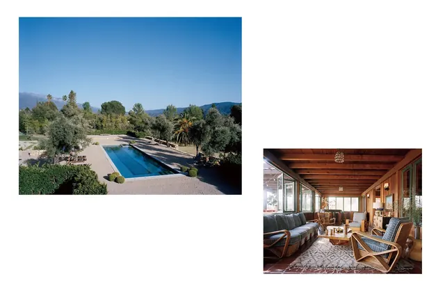 Outdoor Pool and Interior Lounge Design, photographic, luxury, warm