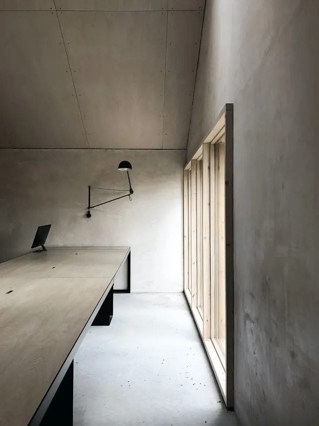 Minimalist Concrete Interior with Wood Accents, minimal, brutalist, monochrome