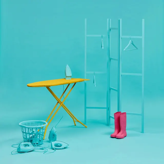 Minimalist Blue Room with Yellow Table, minimal, playful, vibrant