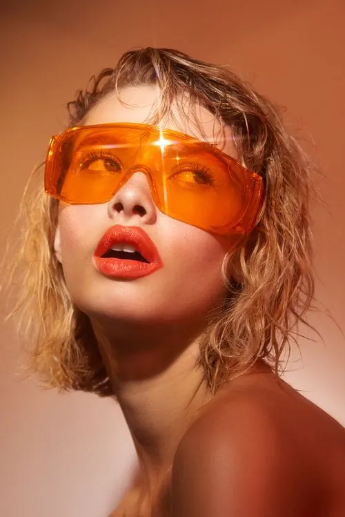 Woman with Orange Sunglasses, photographic, y2k, vibrant