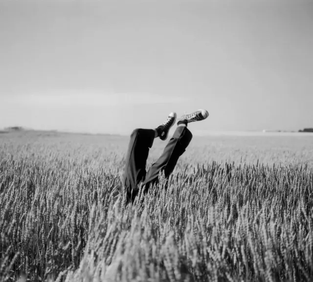 Man Relaxing in Wheat Field, minimal, monochrome, monochrome