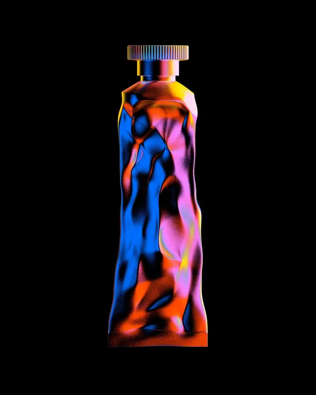 Iridescent Liquid Bottle Render, 3d-render, gradient-heavy, vibrant