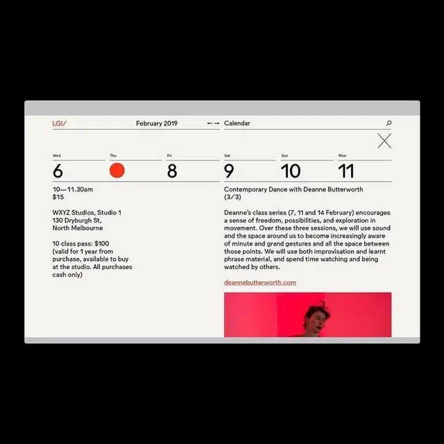Editorial calendar event listing, minimal, swiss, dark