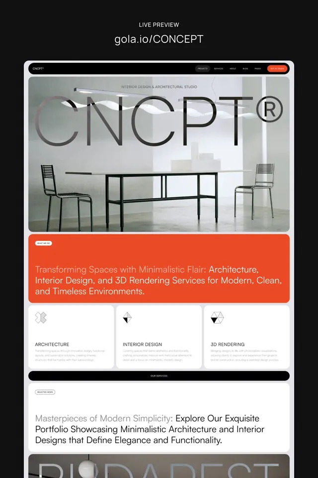 Architecture studio website with bold typography and red CTA, minimal, corporate-clean, monochrome