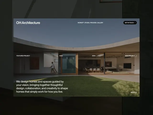 OH Architecture portfolio hero, dark-mode, photographic, dark