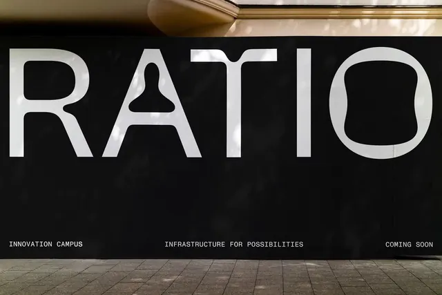 RATIO institutional signage type display, minimal, corporate-clean, dark