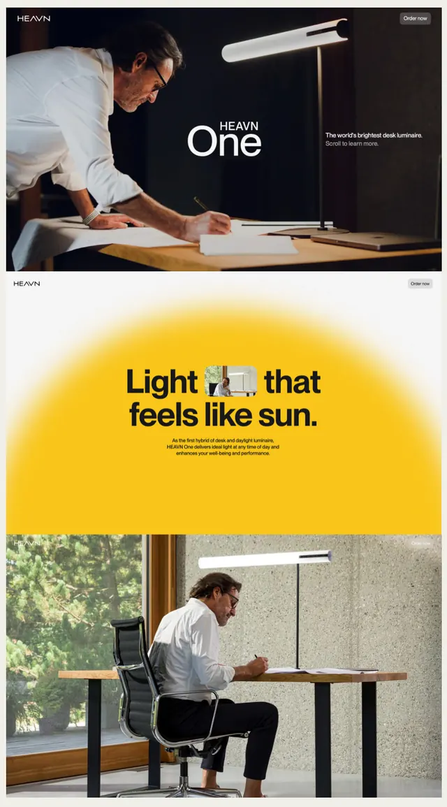 HEAVN One product showcase page, gradient-heavy, photographic, vibrant
